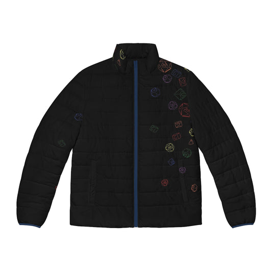 Colorful puffer jacket with cascading dice design, perfect for gaming enthusiasts