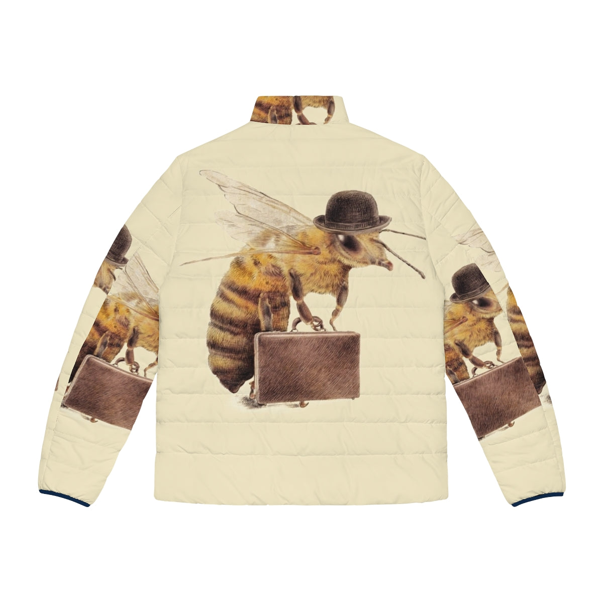 Worker Bee Puffer Jacket with Funny, Cute Vintage-Inspired Insect Office Wear Graphics - Back