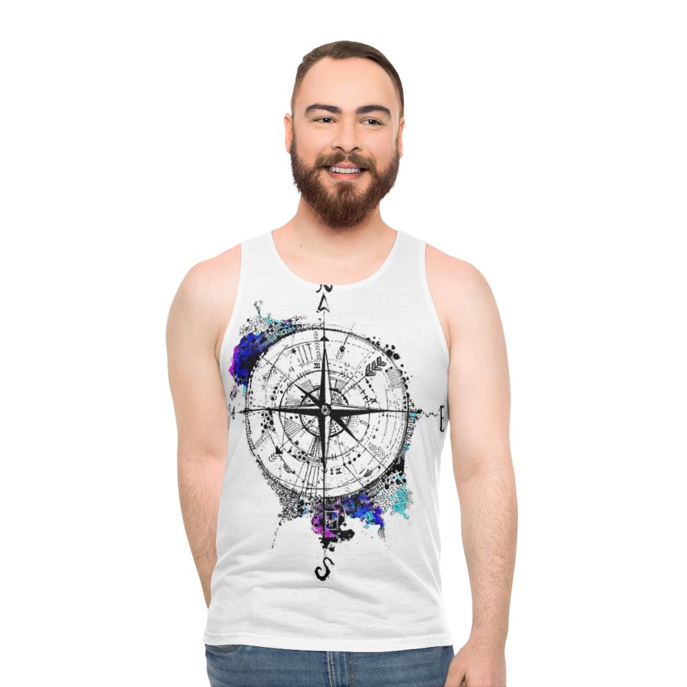 Unisex tank top with wanderlust compass design and world map - men