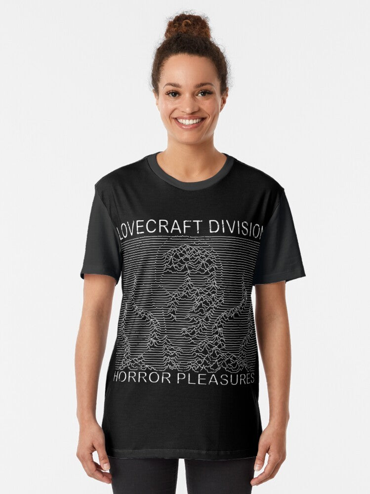 Lovecraft-inspired graphic t-shirt featuring cosmic horror elements like tentacles, monsters, and the Necronomicon. - Women