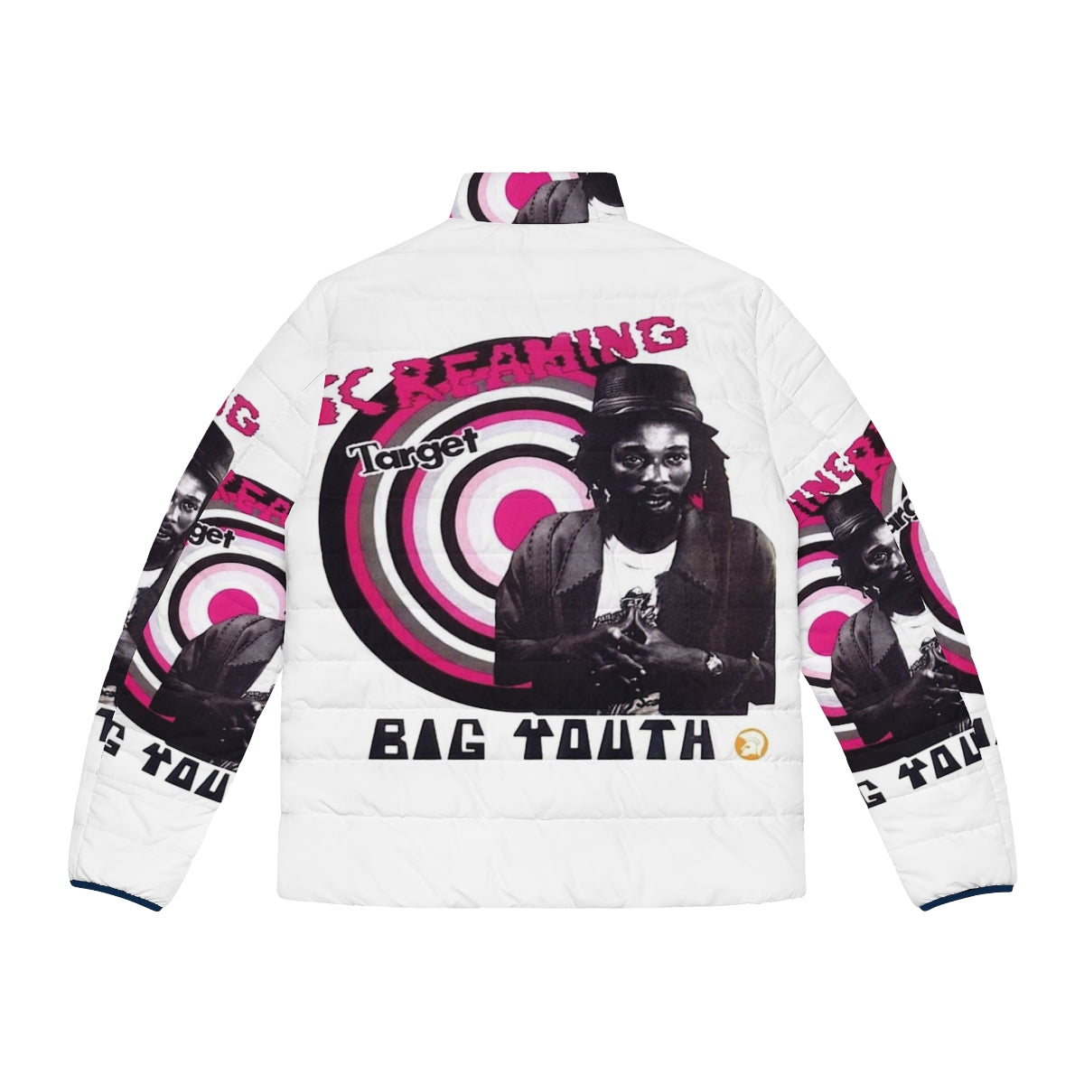 Youth wearing a 70s-style puffer jacket with a reggae-inspired screaming target design - Back