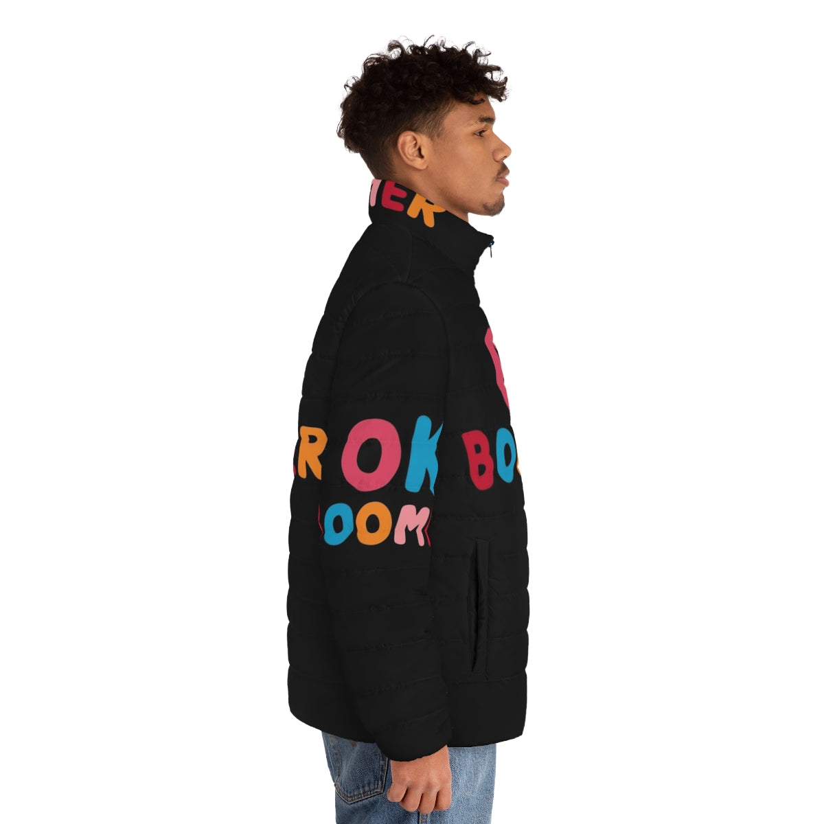 A vibrant "Ok Boomer" puffer jacket featuring bold typography and colorful graphic prints. - men side right