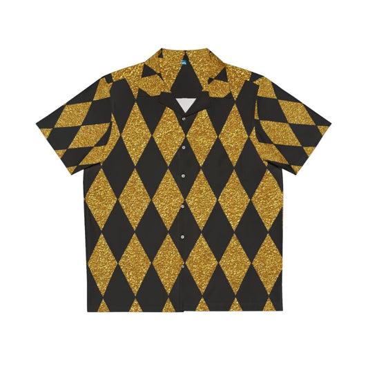 Black and gold harlequin pattern Hawaiian shirt