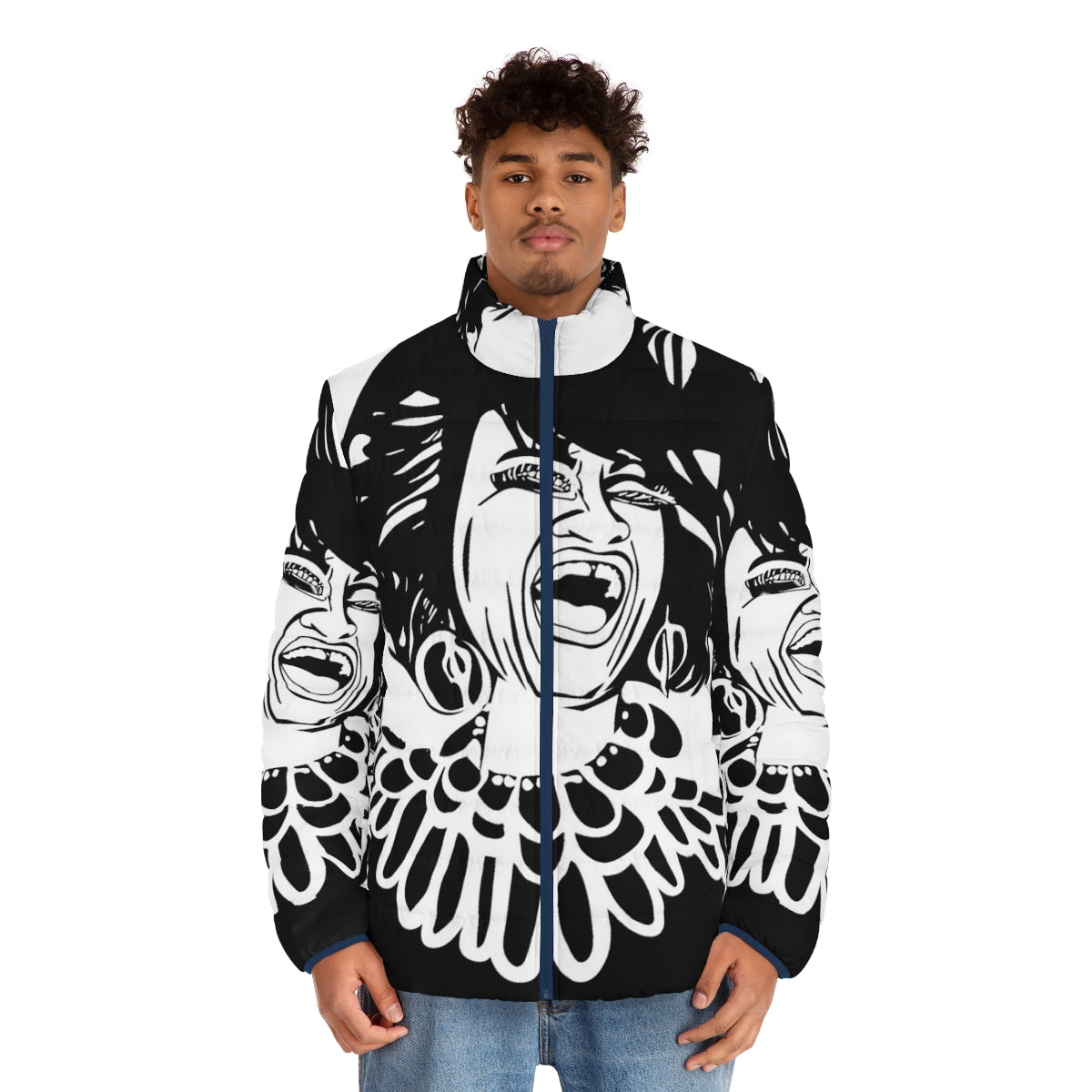 Celia Cruz Puffer Jacket featuring a black and white screenprint portrait of the iconic Cuban singer - men front