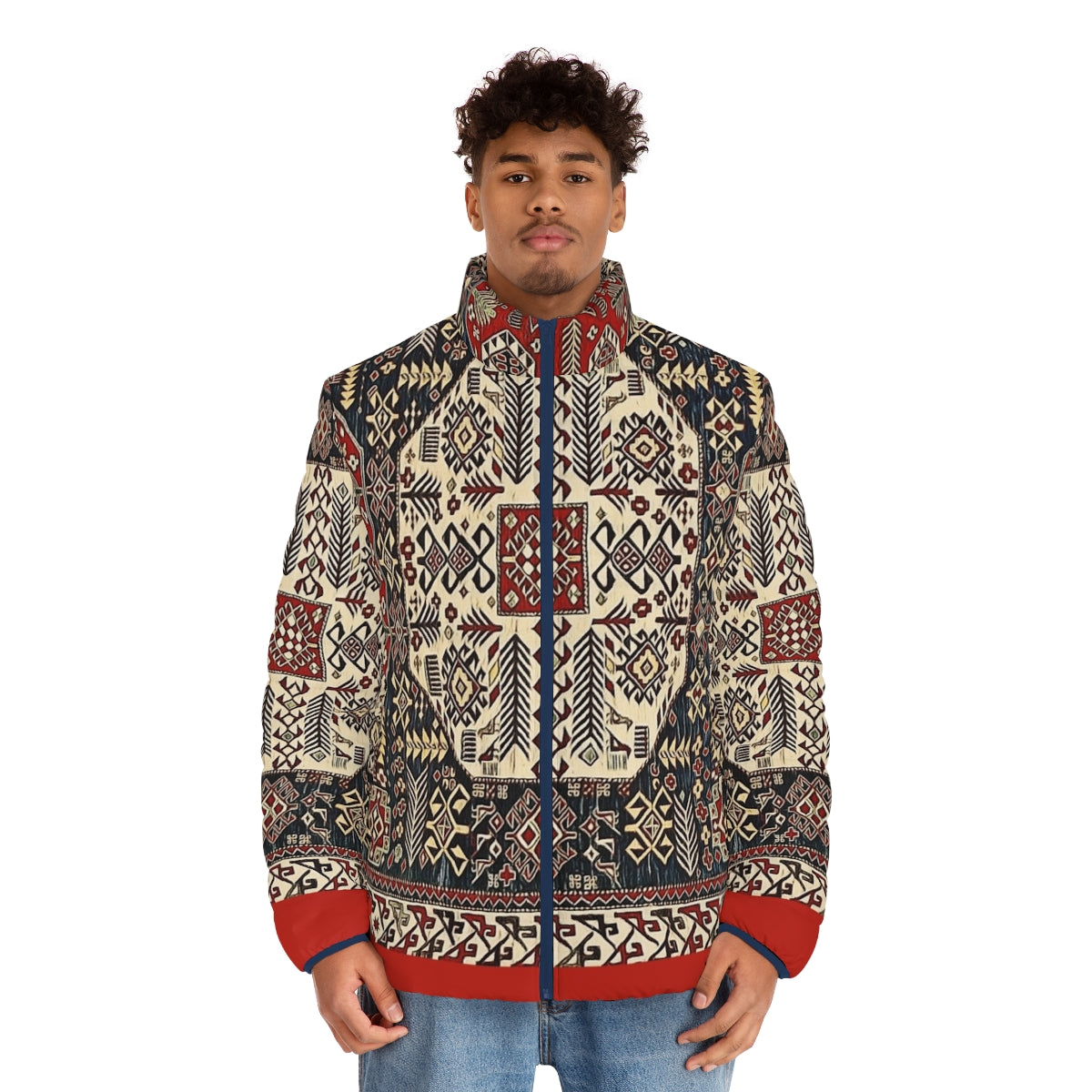 Armenian Folk Art 8 Puffer Jacket featuring traditional Armenian floral design and forget me not flowers - men front