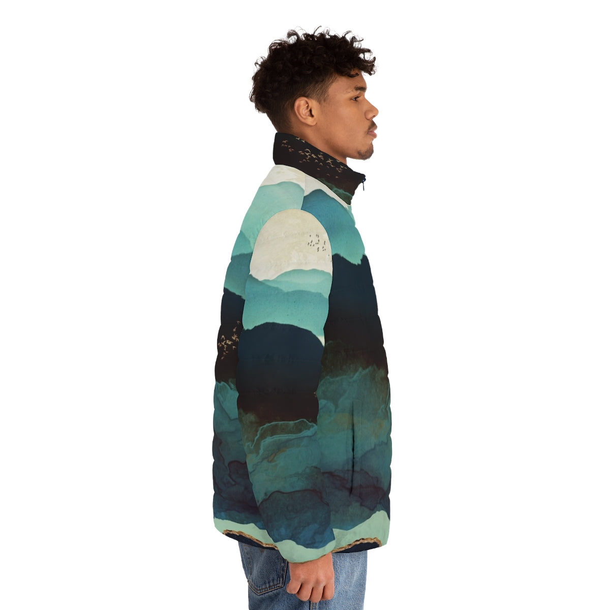 Indigo Mountains Puffer Jacket with abstract watercolor landscape design - men side right