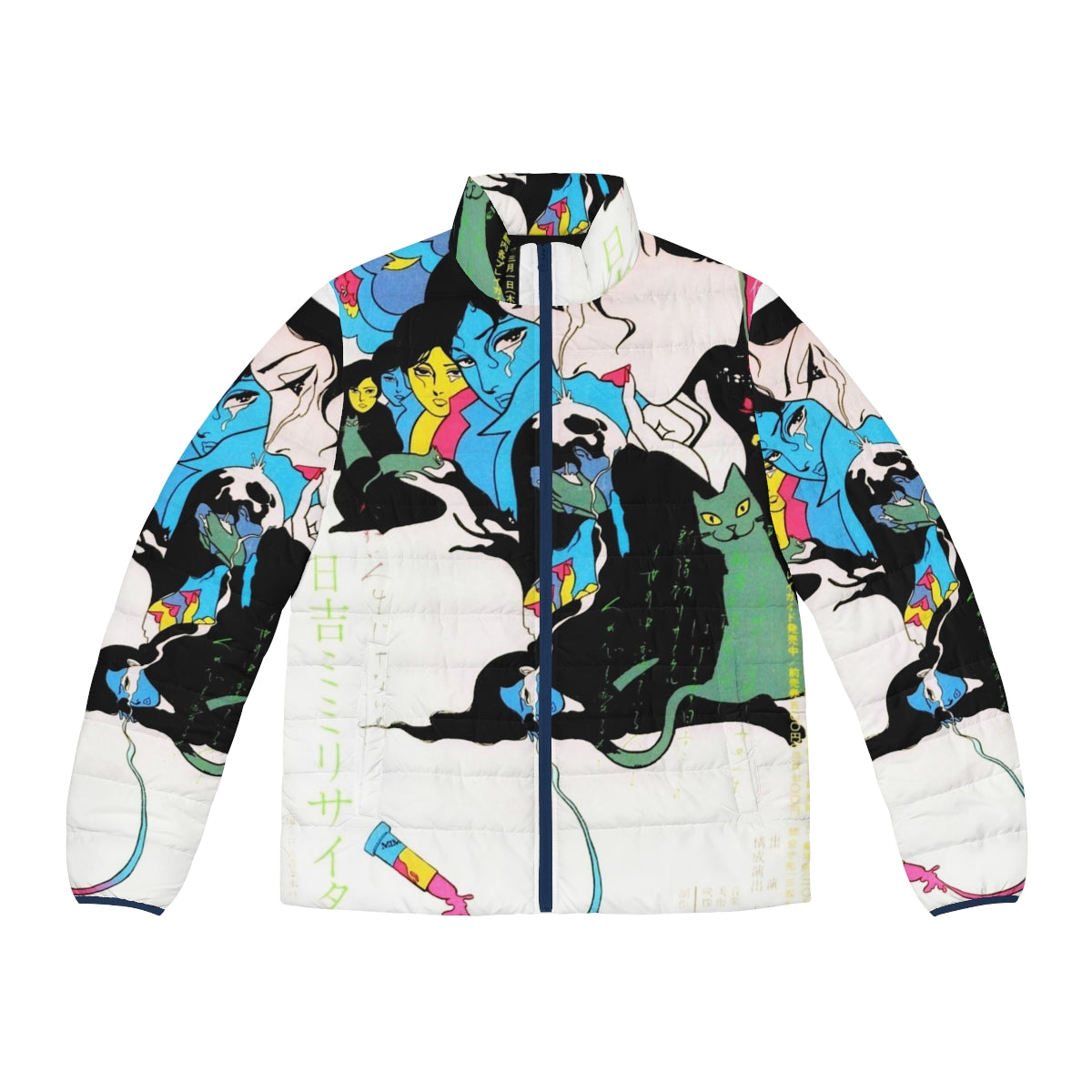 Vintage Kanashimi Puffer Jacket with colorful manga-inspired design featuring a crying cat and teardrop motif