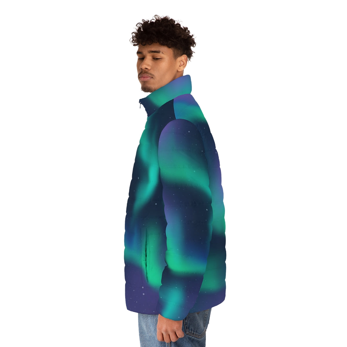 A person wearing a puffer jacket that features the mesmerizing northern lights or aurora borealis in the night sky. - men side left