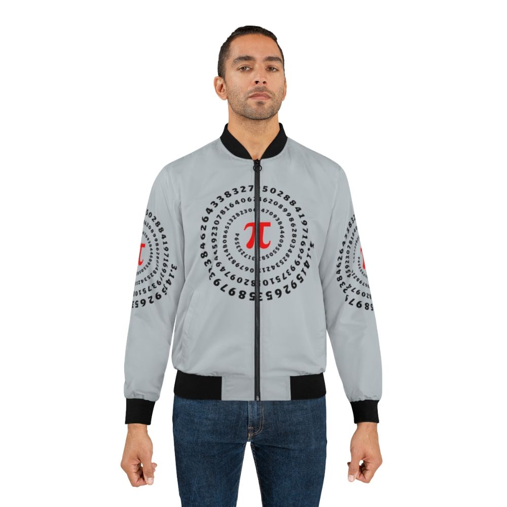 Bomber jacket featuring a print of the mathematical symbol pi (π) and a spiral design, representing science and mathematics. - Lifestyle