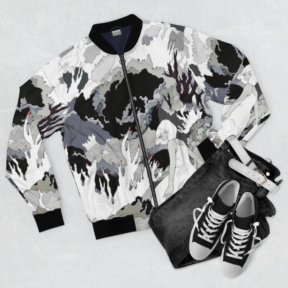 Katsuhiko Maeda's "My Dead Girlfriend - Hades" bomber jacket featuring Japanese music and artist imagery - Flat lay