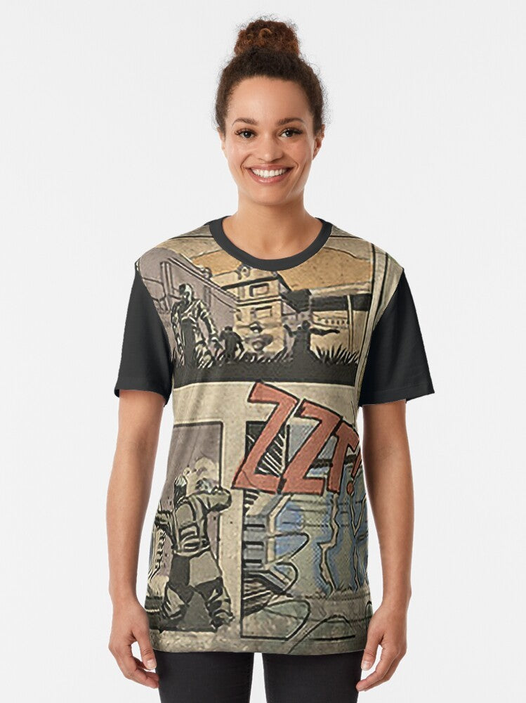 Call of Duty Zombies Comic Graphic T-Shirt featuring a spooky, undead, and scary zombies loading screen design - Women