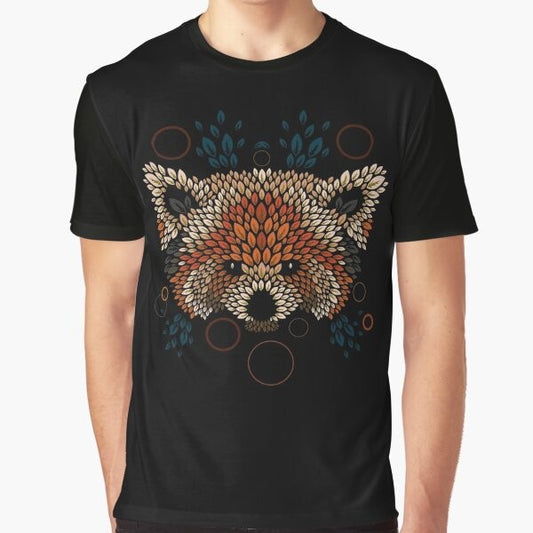 Vibrant graphic t-shirt featuring a red panda face design with leaves and geometric patterns