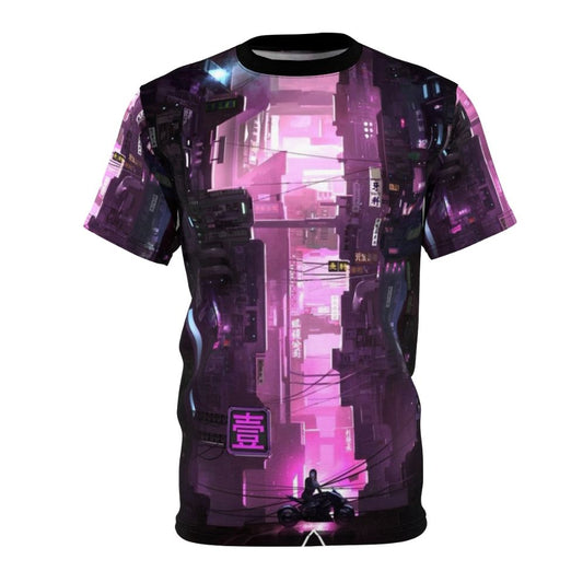 Cyberpunk inspired anime t-shirt with a vivid, abstract design