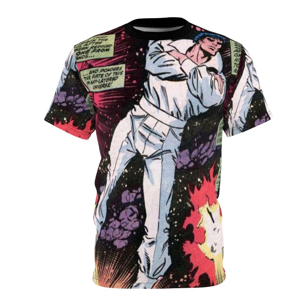 Cosmic superhero comic art t-shirt with beyond space design