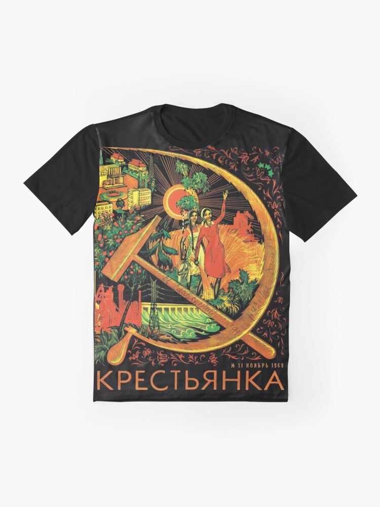 Graphic t-shirt featuring the cover of Peasant Woman magazine from November 1969, with communist and socialist imagery like the hammer and sickle. - Flat lay