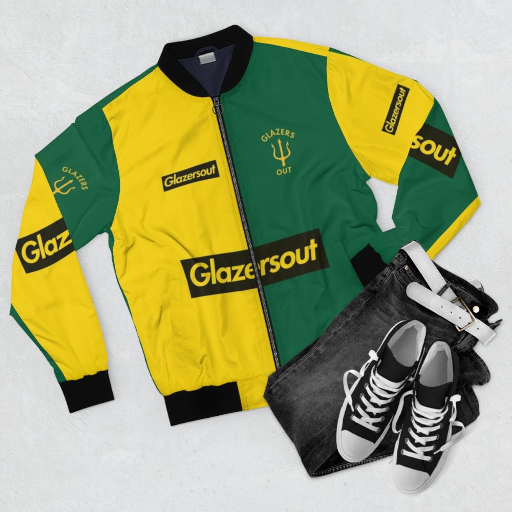 Manchester United 'Glazers Out' Bomber Jacket - Protest Clothing - Flat lay