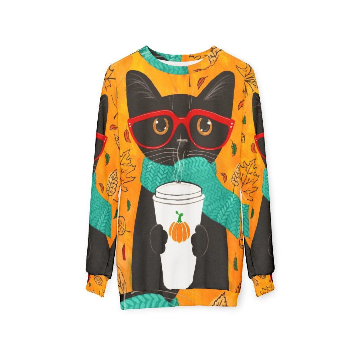 Autumn Pumpkin Coffee Cat Sweatshirt with Nerd Cat in Glasses - hanging