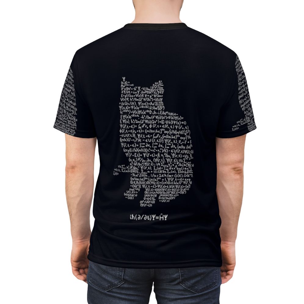 A high-quality t-shirt featuring a design of Schrodinger's cat, a famous thought experiment in quantum physics. - men back