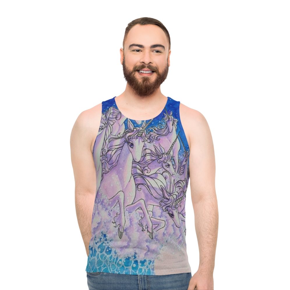 Unisex unicorn tank top with watercolor sea and fantasy design - men