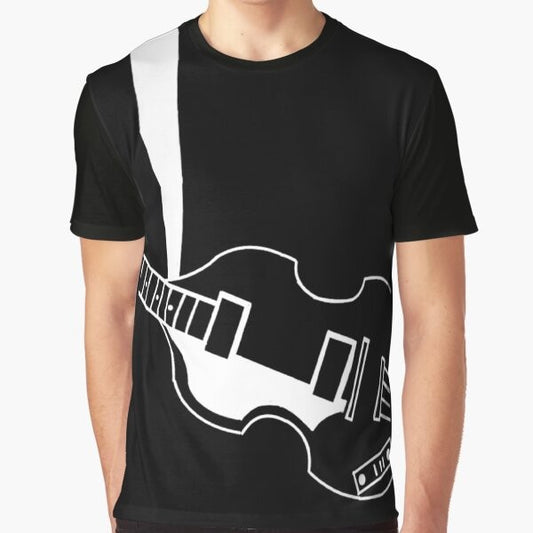 Vintage-style t-shirt featuring a graphic design of a violin bass guitar, a nod to the iconic Hofner bass played by The Beatles' Paul McCartney.