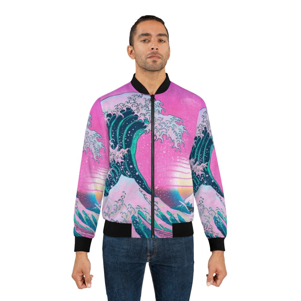 Vaporwave aesthetic retro sunset bomber jacket with Great Wave off Kanagawa design - Lifestyle