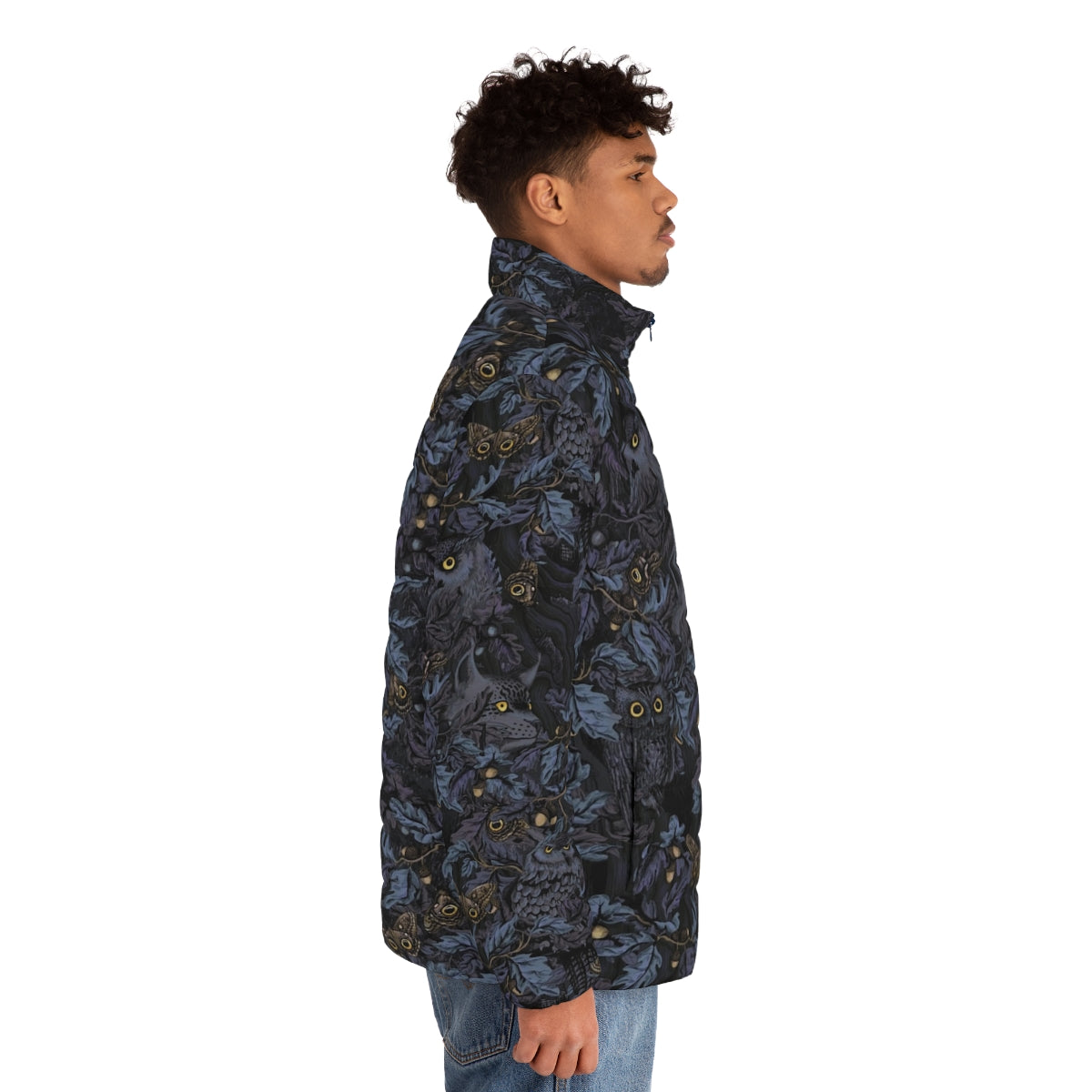 Model wearing a moonlight blue puffer jacket with a stylish camouflage pattern - men side right