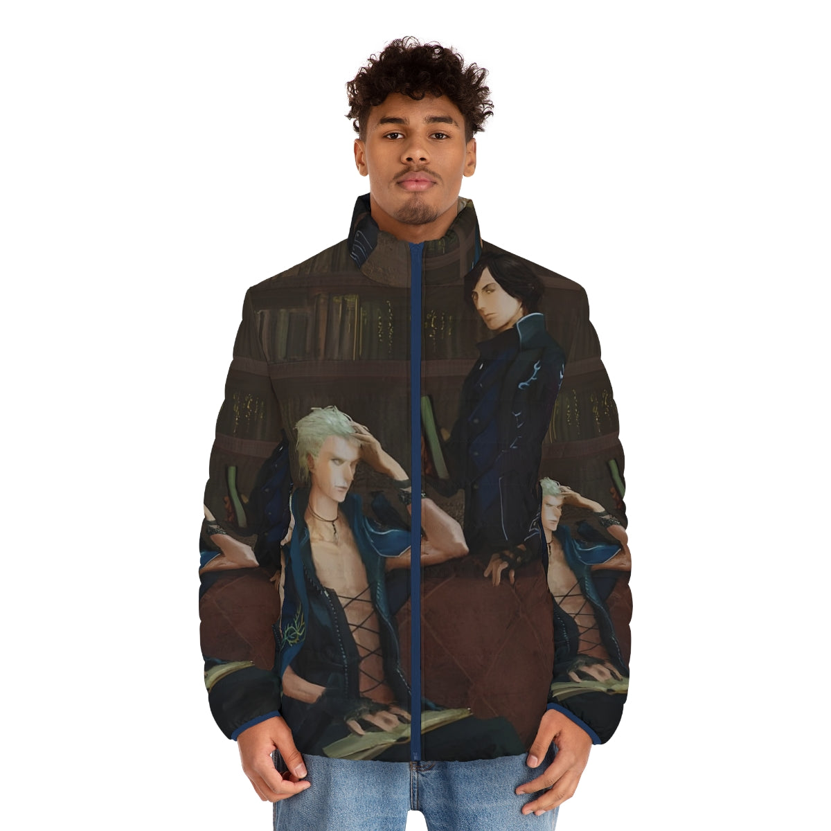 Devil May Cry Painting Puffer Jacket featuring characters Dante, Vergil, and Nero - men front