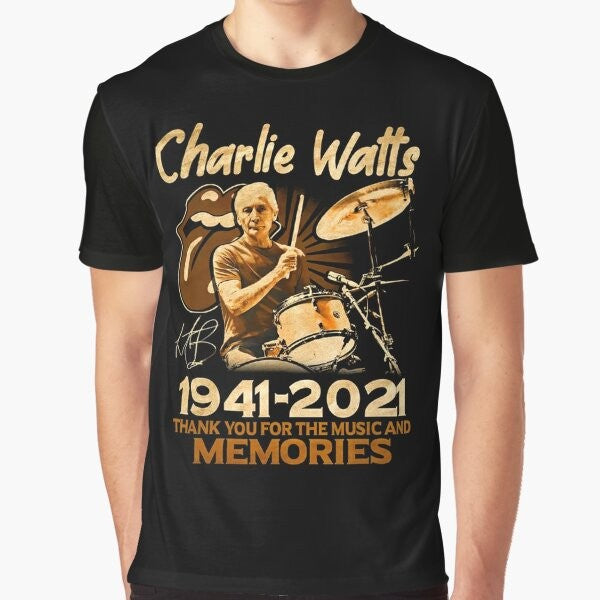 "Thank You For The Memories Charlie Watts" graphic t-shirt design featuring text and tribute to the late Rolling Stones drummer