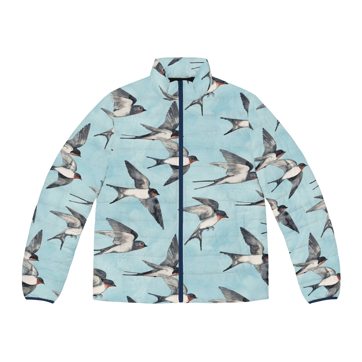 Blue puffer jacket with anime and video game inspired design