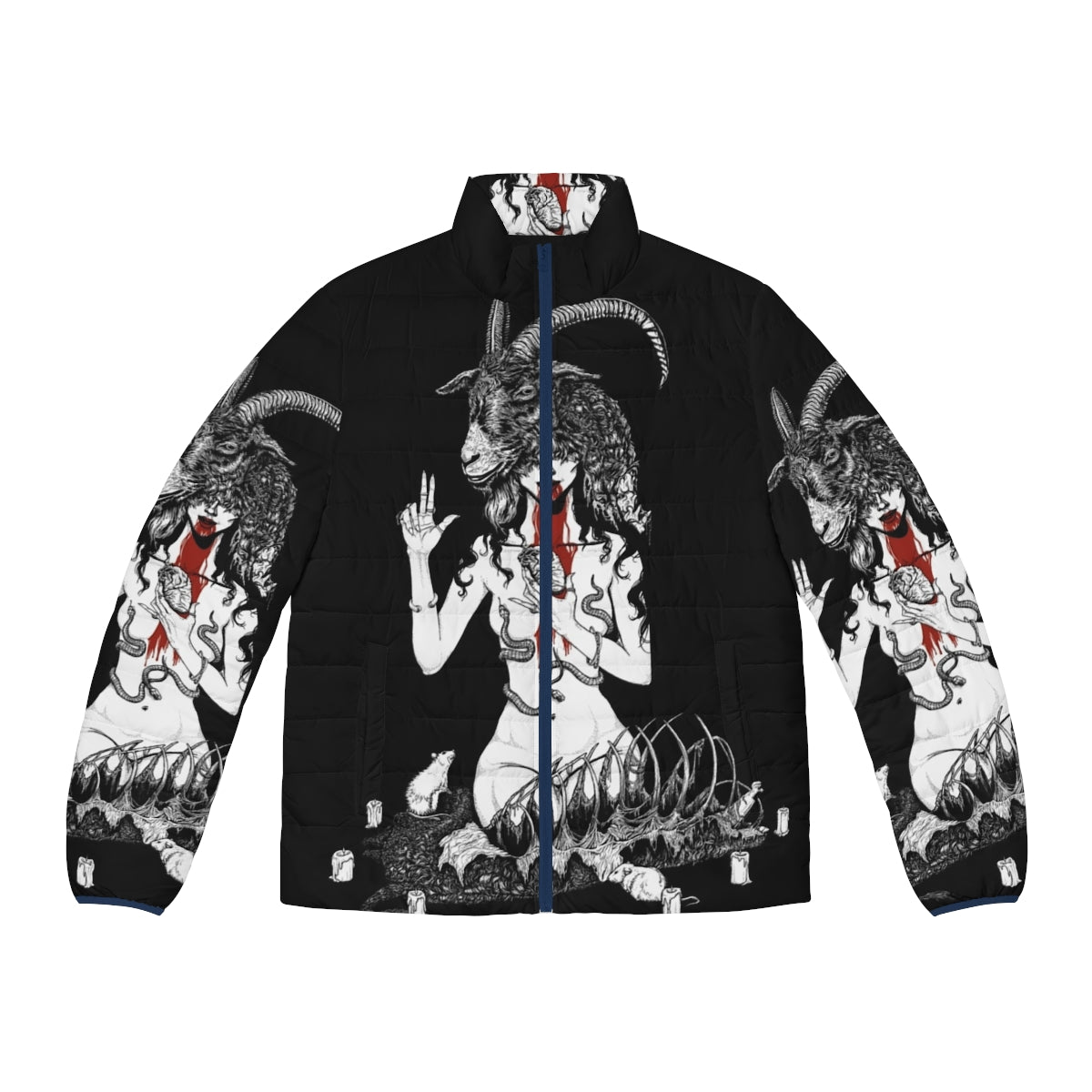 Satanic Baphomet puffer jacket with occult and horror design