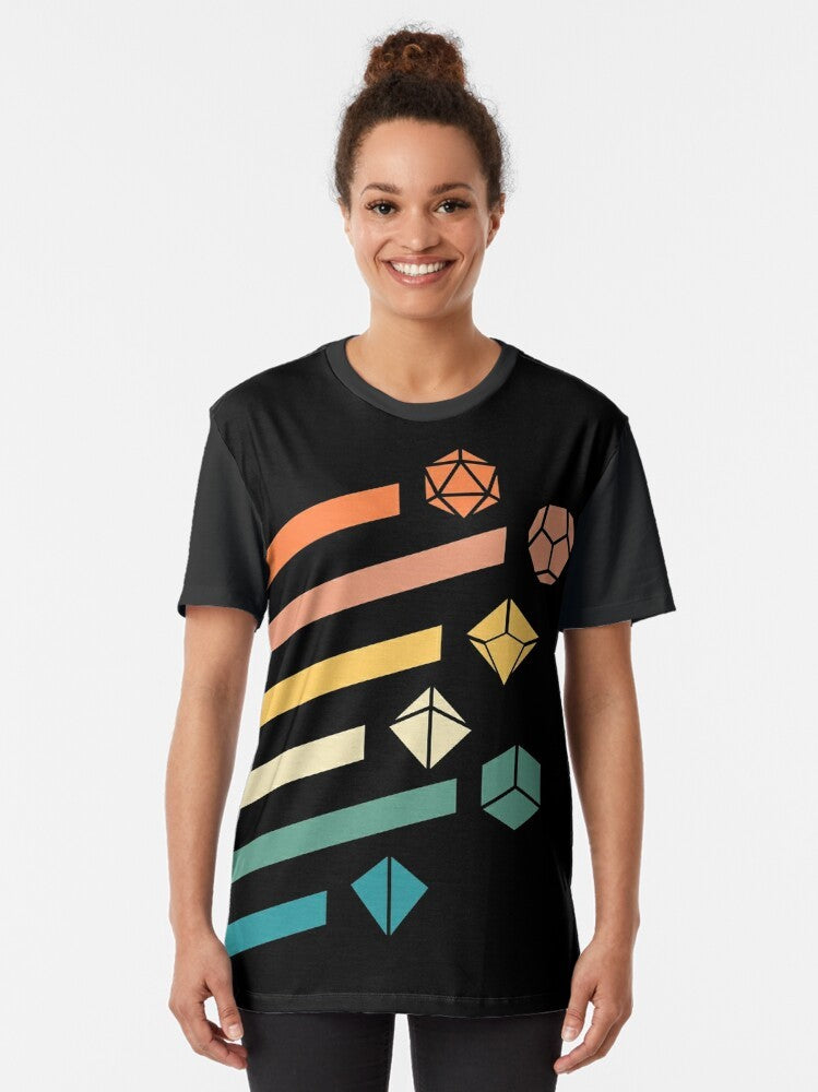 Retro polyhedral dice set in rainbow colors on a minimalist graphic t-shirt for dungeons and dragons fans. - Women