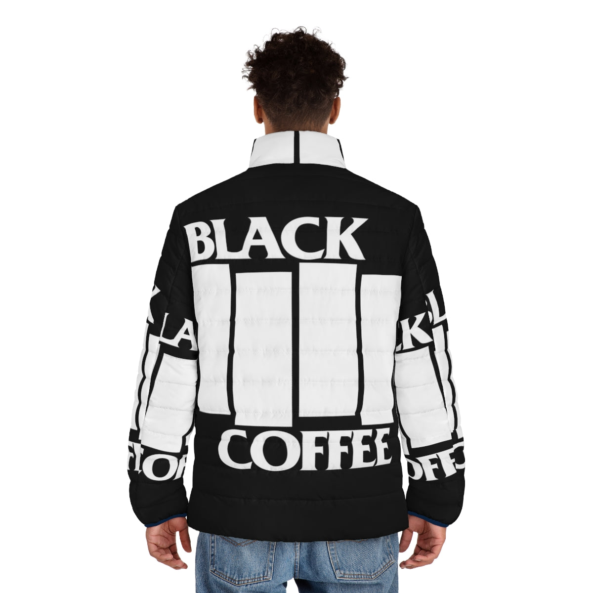 Black Coffee White Puffer Jacket with metal music inspired design - men back