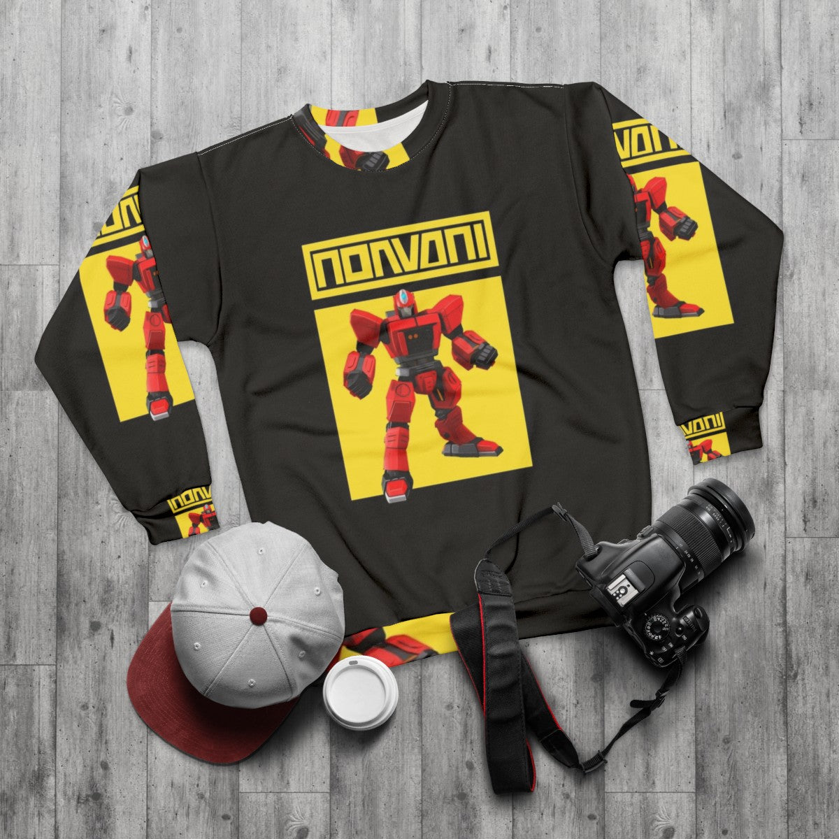 Stylish robot hero yellow sweatshirt with gaming and Animal Crossing inspired design - flat lay