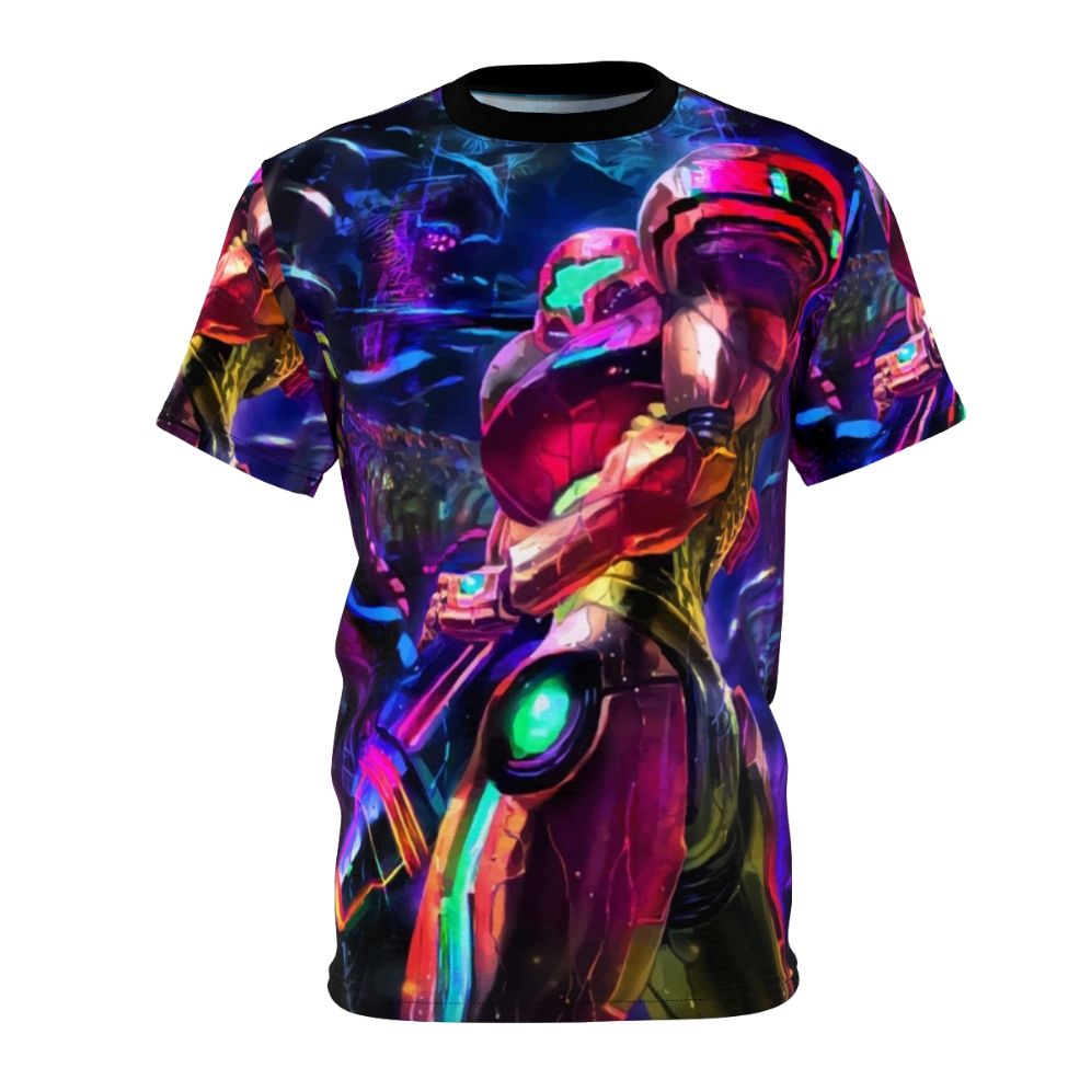 Metroid-inspired graphic t-shirt featuring Samus Aran, the iconic protagonist from the Metroid video game series