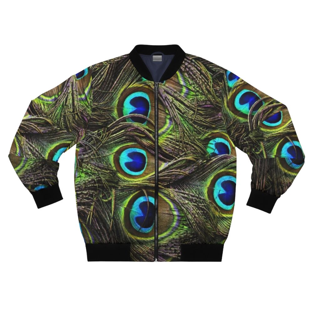 Peacock feathers bomber jacket with vibrant, colorful pattern