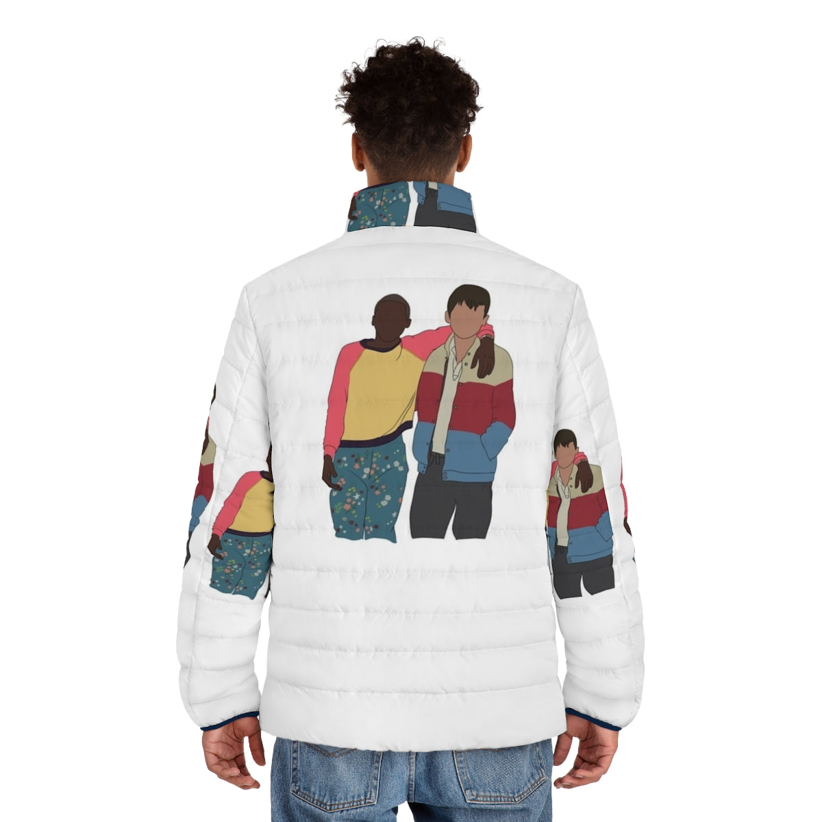 Vibrant illustration of Otis, Eric, and Maeve from the Netflix series Sex Education featured on a puffer jacket - men back