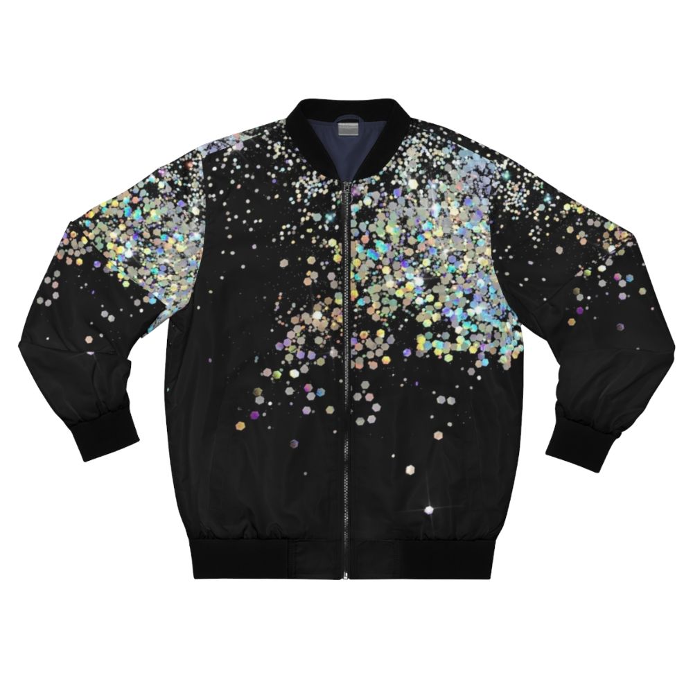 A black bomber jacket with holographic and sparkly accents