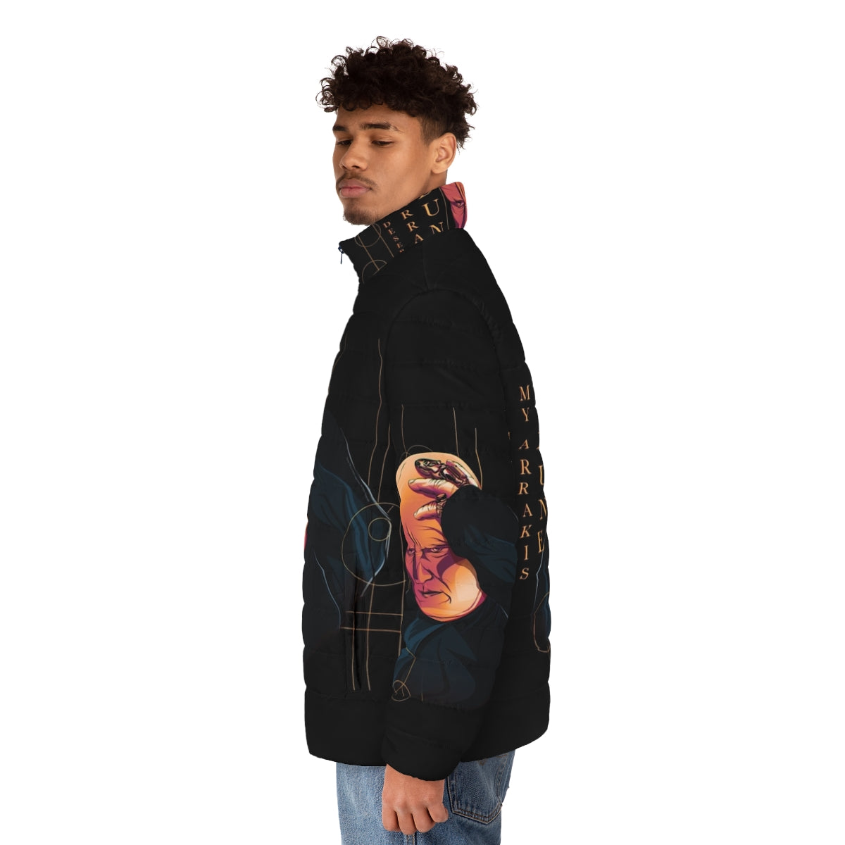 Dune Baron Harkonnen Puffer Jacket featuring shai hulud and desert planet Arrakis imagery - men side left