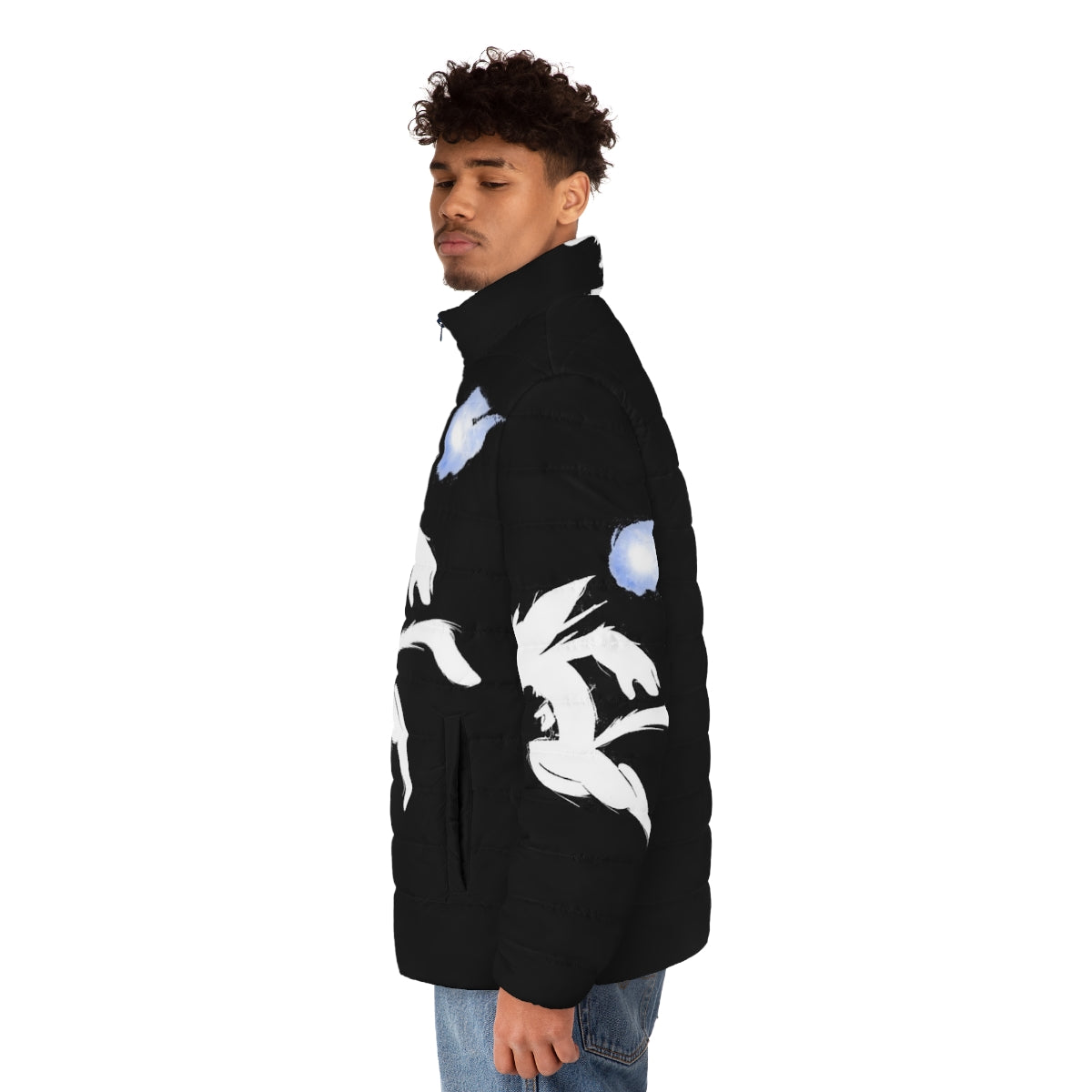 Ori and the Blind Forest inspired puffer jacket with watercolor forest design - men side left