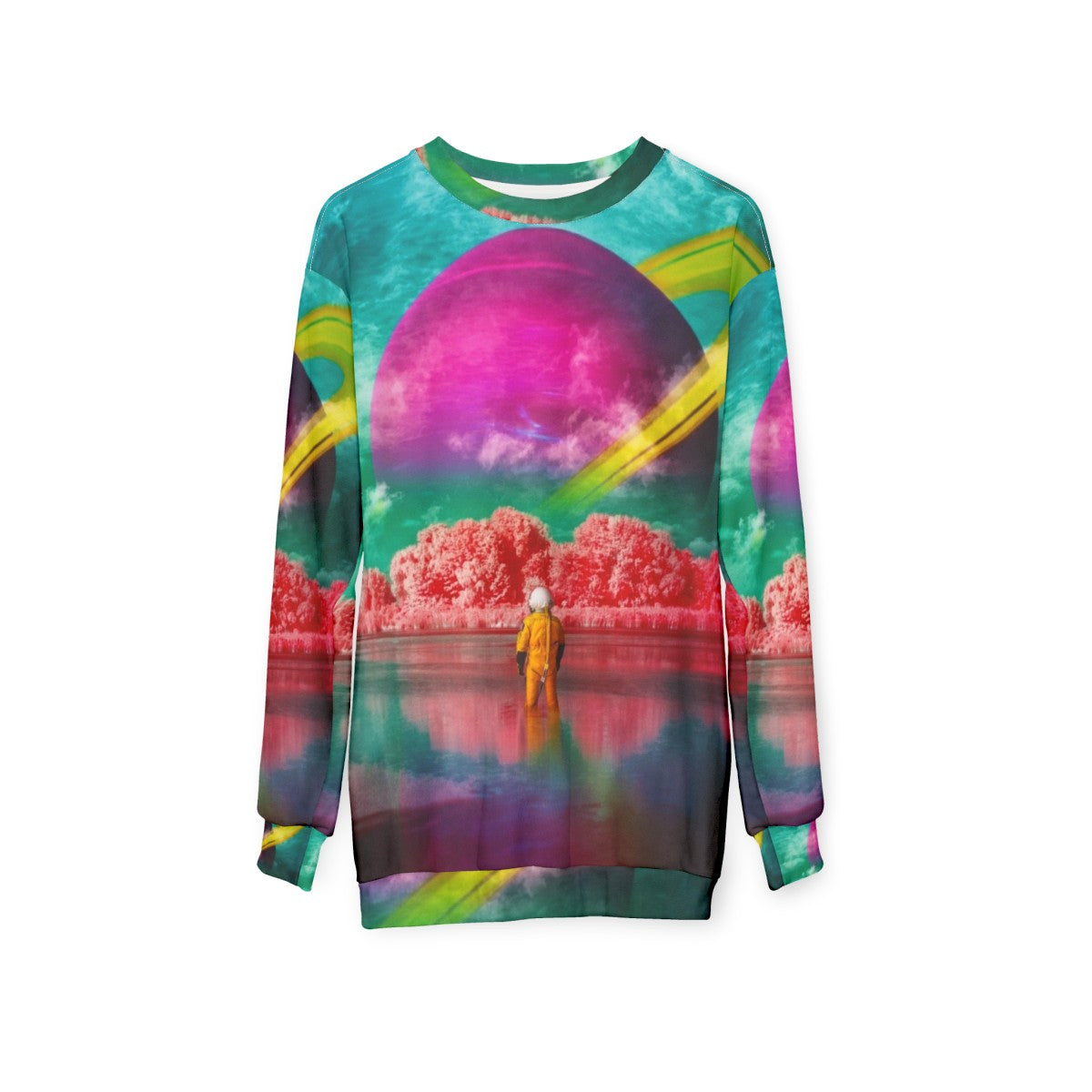 Surreal digital art sweatshirt with river and astronaut design - hanging