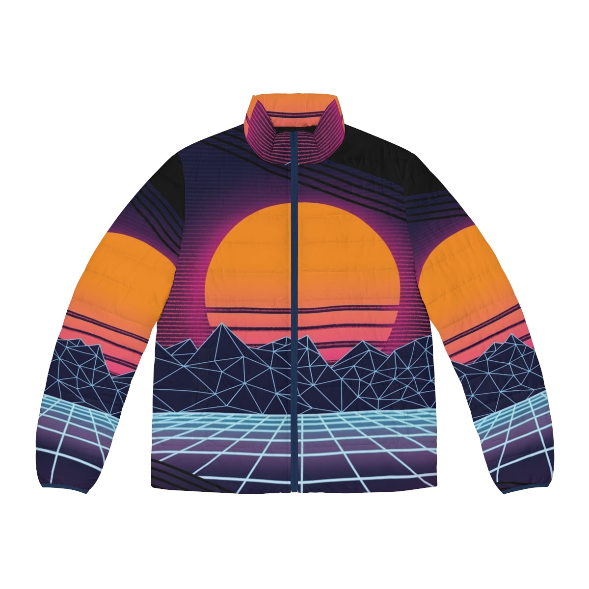 Outrun sunset puffer jacket with retro 80s cyberpunk aesthetic