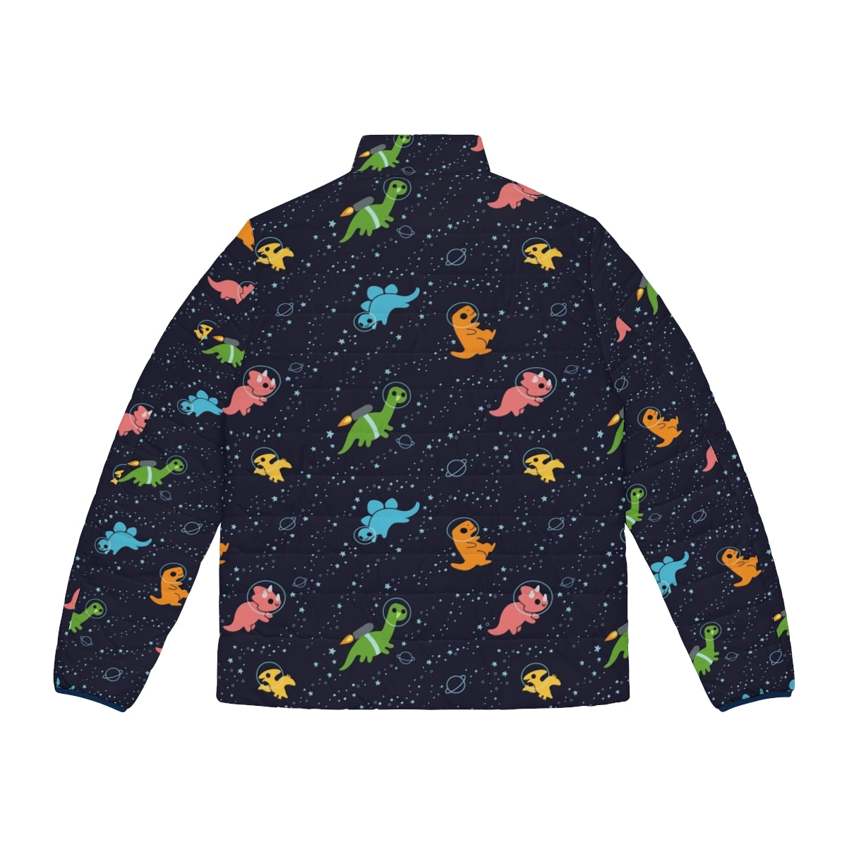 A puffer jacket featuring a whimsical pattern of dinosaurs floating in a galaxy of stars and planets. - Back