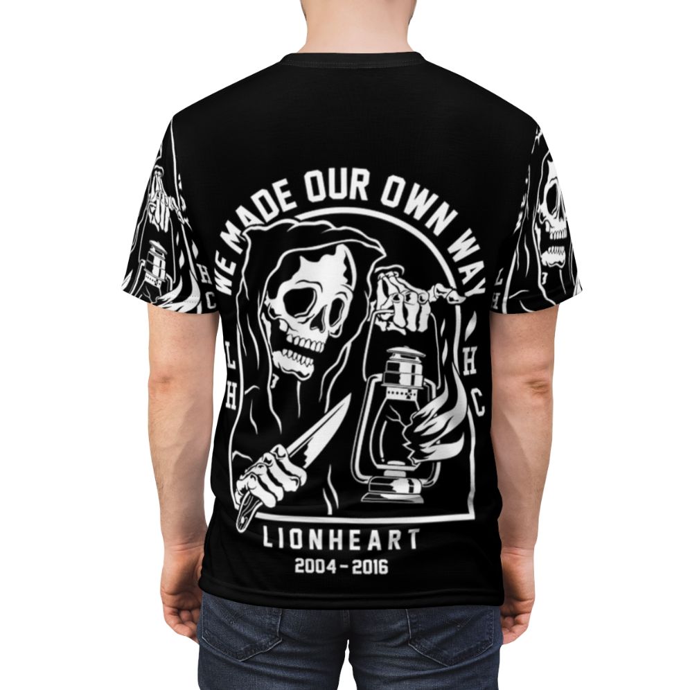 Heavy metal inspired t-shirt with skull, grim reaper, and metal band imagery - men back