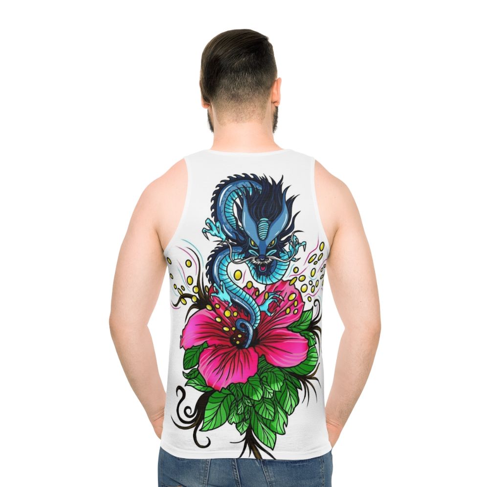 Unisex tank top featuring a dragon with hibiscus flowers - men back