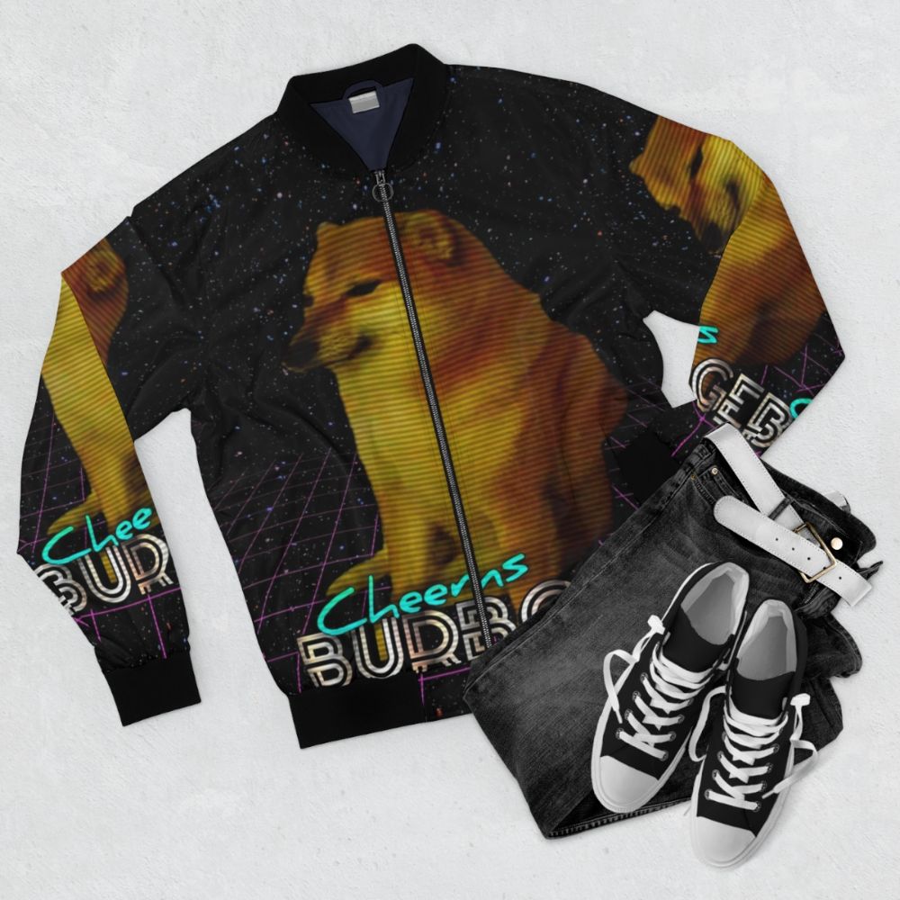 Retro-style bomber jacket featuring a doge cheeseburger meme design - Flat lay