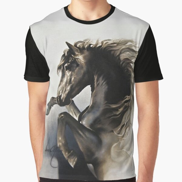 A majestic black stallion rearing up in a powerful graphic design on a black t-shirt.