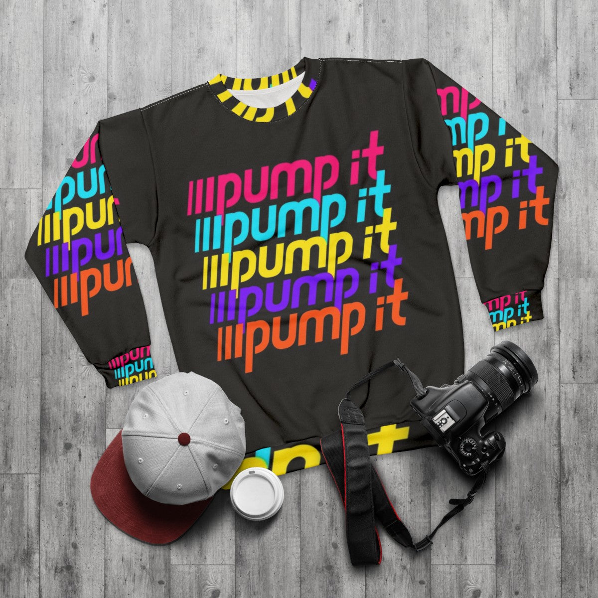 Retro 80s/90s neon pink "I Wanna Pump It" sweatshirt - flat lay