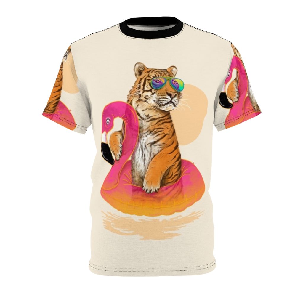 Artistic illustration of a chillin' flamingo and tiger on a pastel tropical t-shirt design