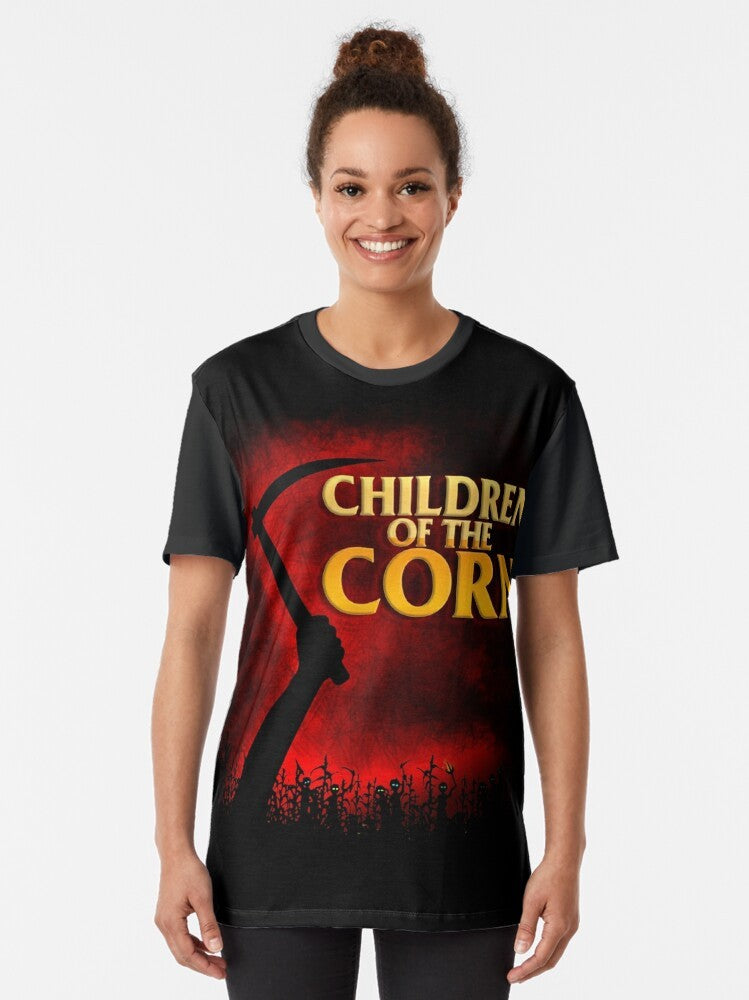 Graphic t-shirt design featuring the iconic horror movie "Children of the Corn" - Women