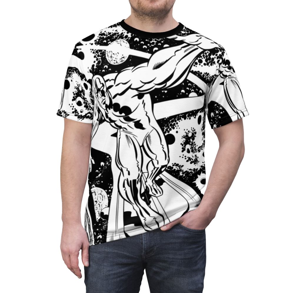 Artistic silver surfer character in black and white graphic design for a t-shirt - men front